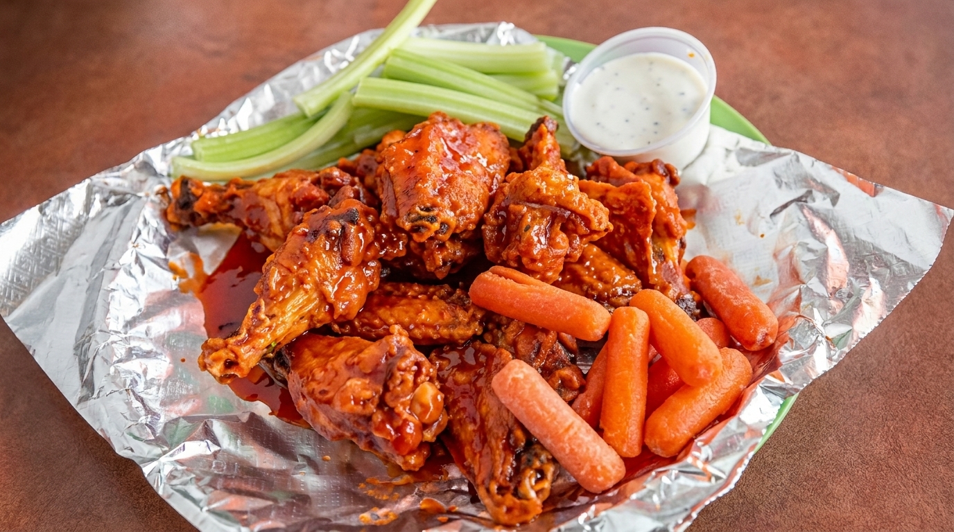 Spicy chicken wings with celery sticks, baby carrots, and ranch dressing on foil.