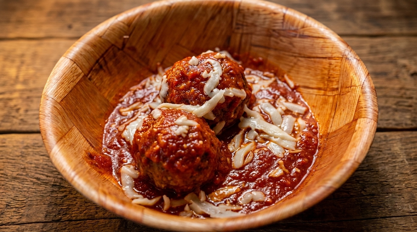 Two meatballs covered in red sauce and shredded cheese, served in a wooden bowl on a rustic table.