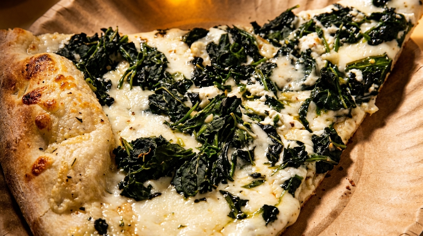 Close-up of a white pizza slice with melted cheese and dark green spinach on brown paper.