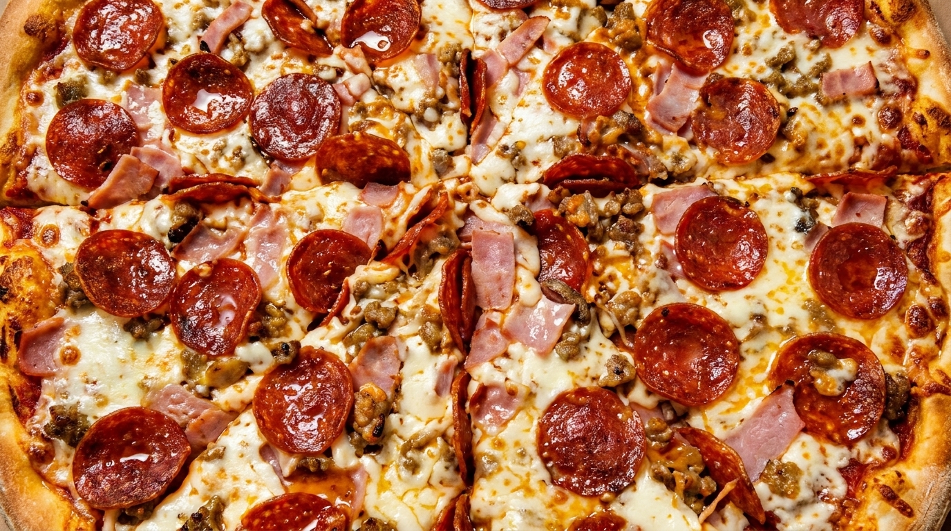 Close-up of a meat lover's pizza, topped with pepperoni, ham, and sausage, cut into slices.