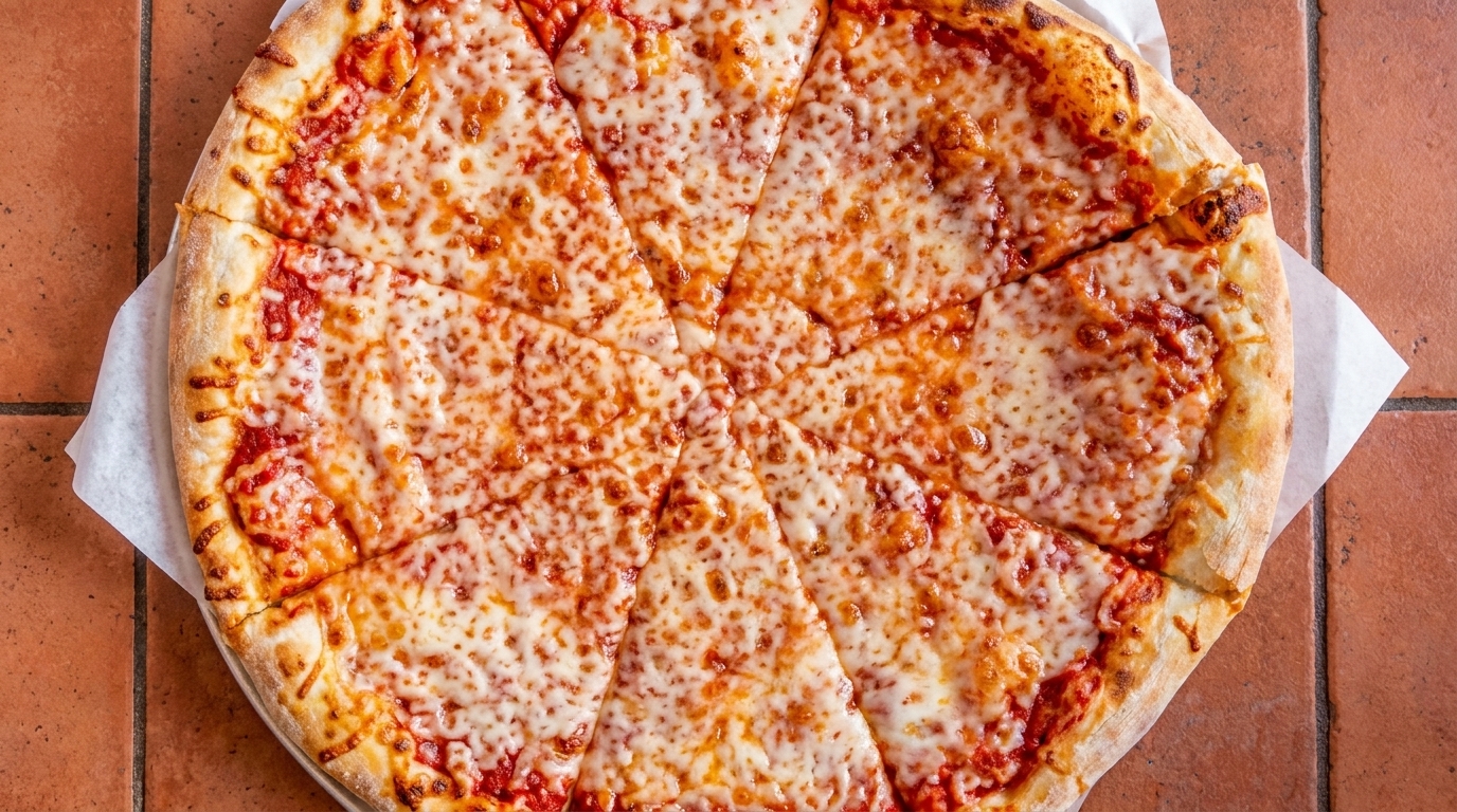 A whole cheese pizza, cut into slices, on a white paper liner over a tiled surface.