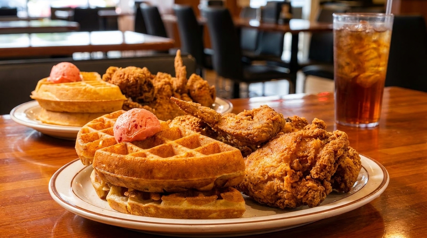 Plates of golden fried chicken and waffles topped with pink ice cream, with iced tea.