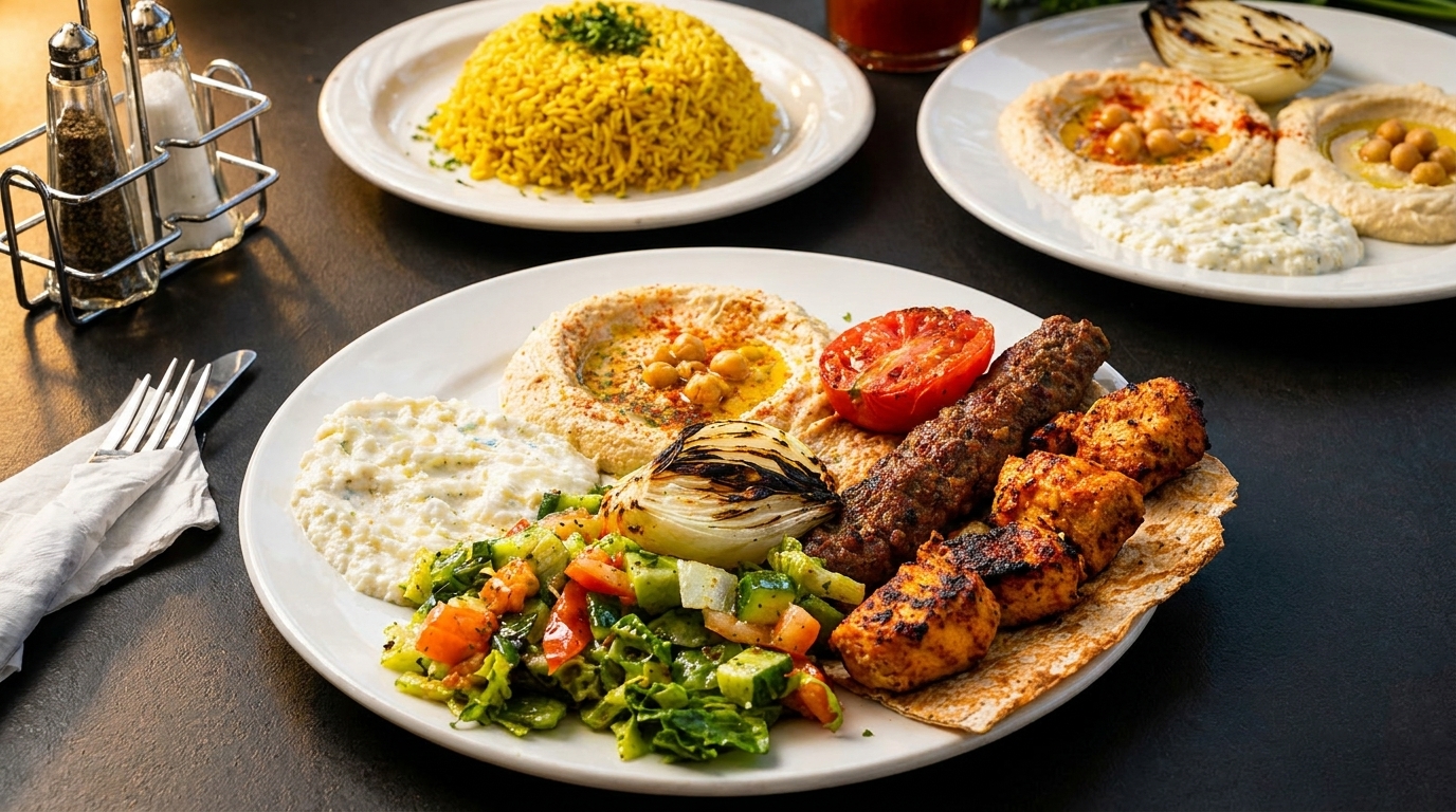A large platter of Middle Eastern food with kebabs, hummus, salad, and rice on a dark table.