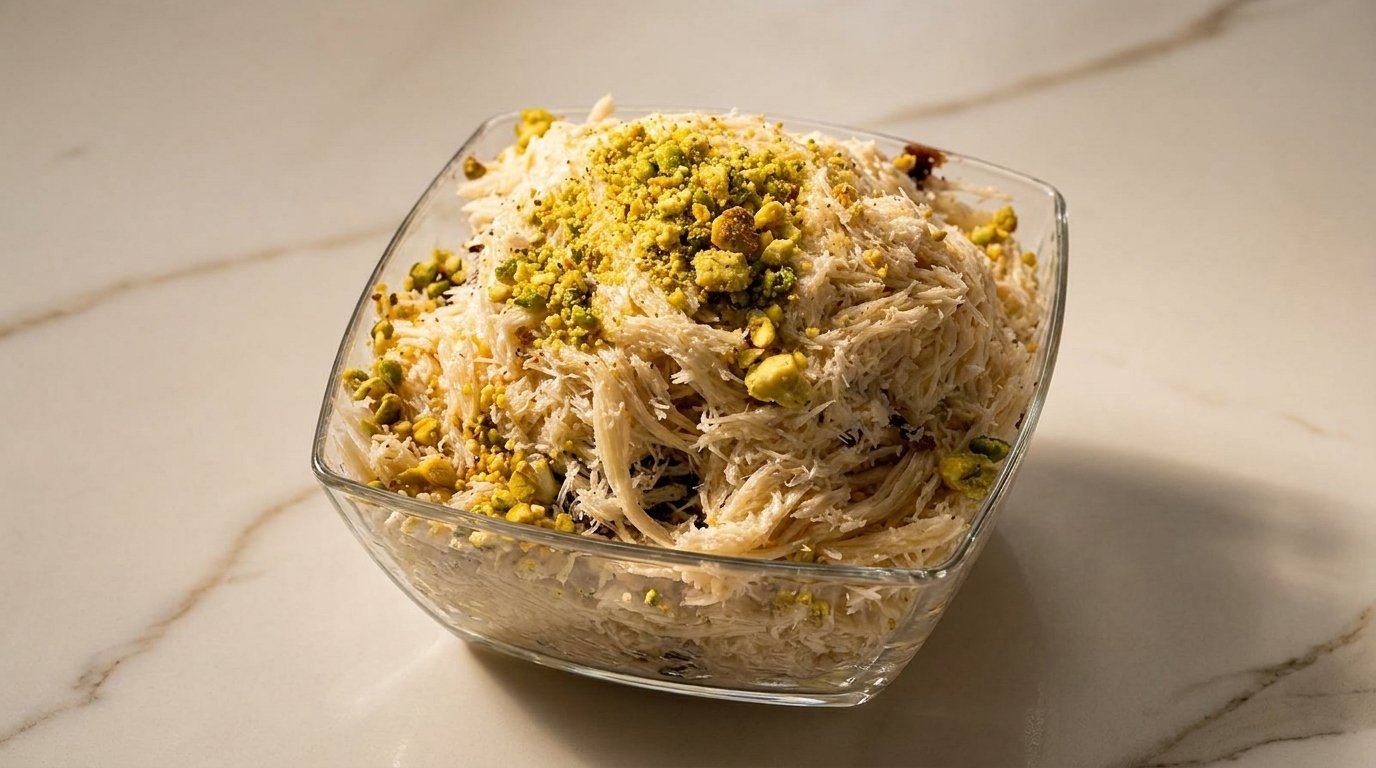 A glass bowl filled with shredded halva, topped with crushed green pistachios on a marble surface.