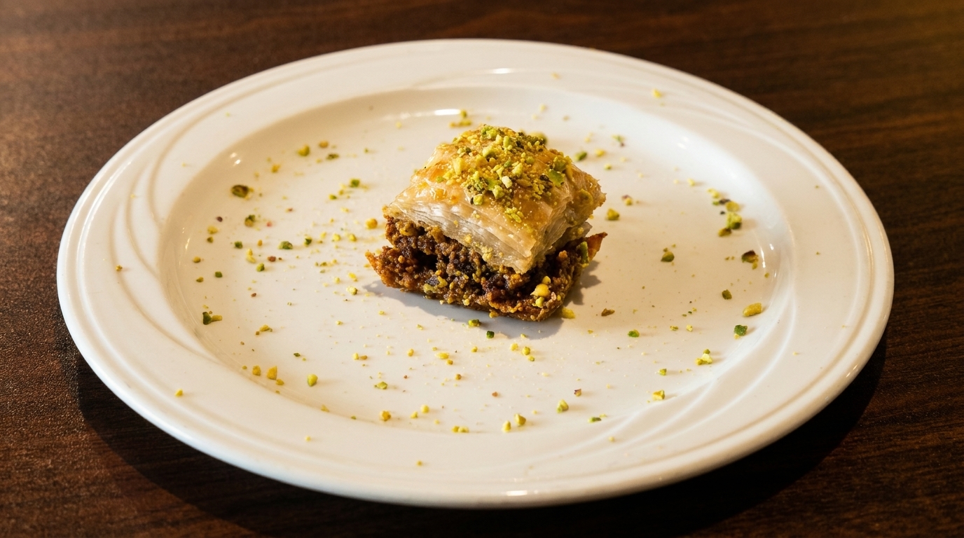 A single piece of baklava, topped with chopped pistachios, sits on a white plate.