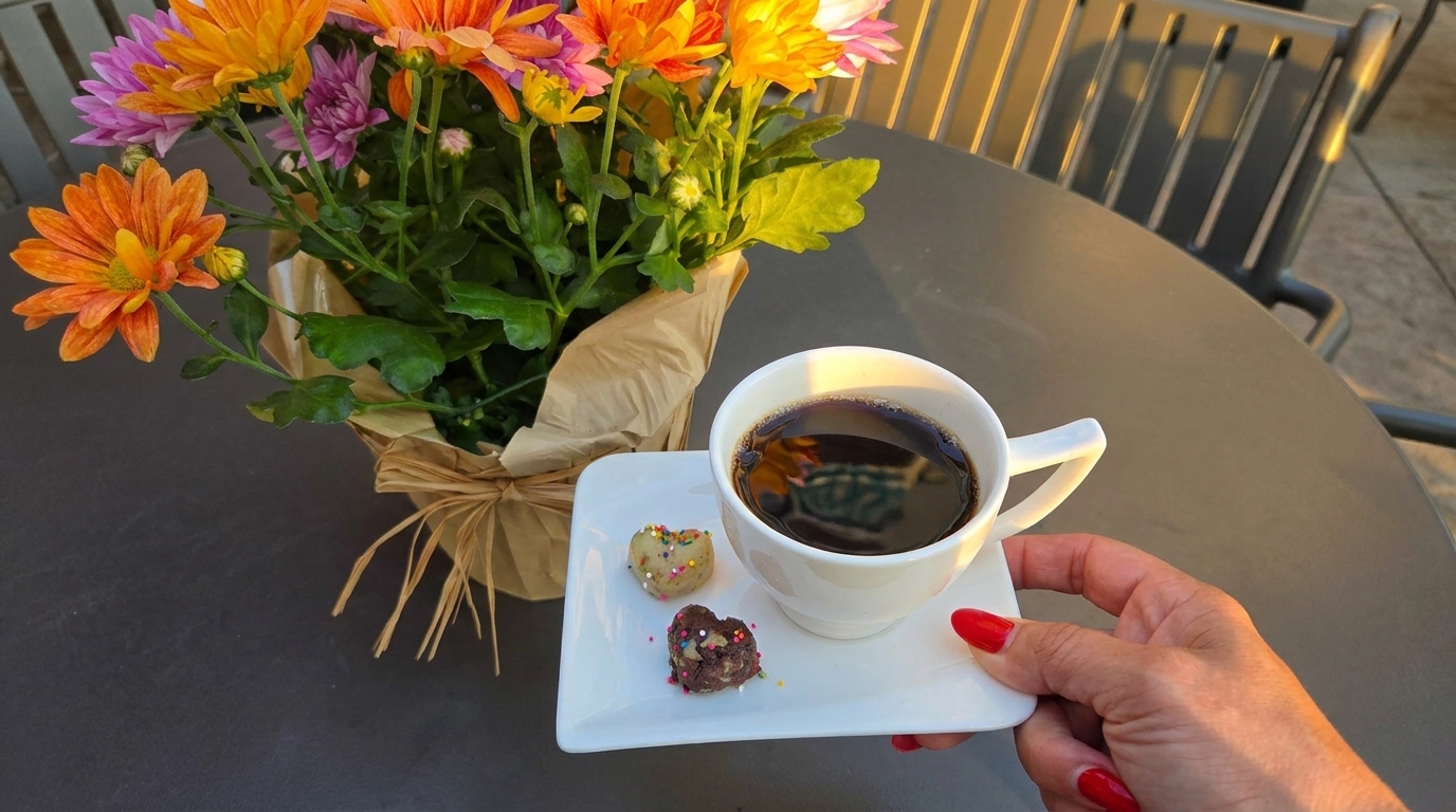 A hand with red nails holds a white cup of coffee and heart-shaped cookies next to flowers.