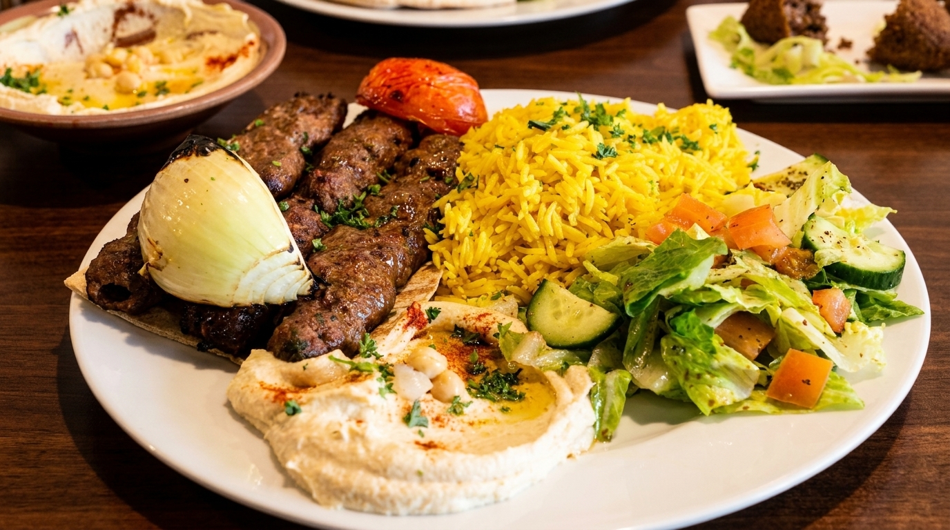 A plate of kofta kebabs, yellow rice, hummus, grilled onion, tomato, and a side salad.