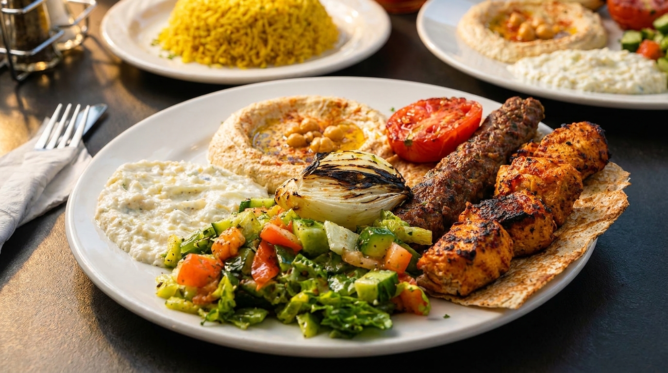 A large platter of grilled chicken and beef kebabs, hummus, salad, and roasted vegetables.