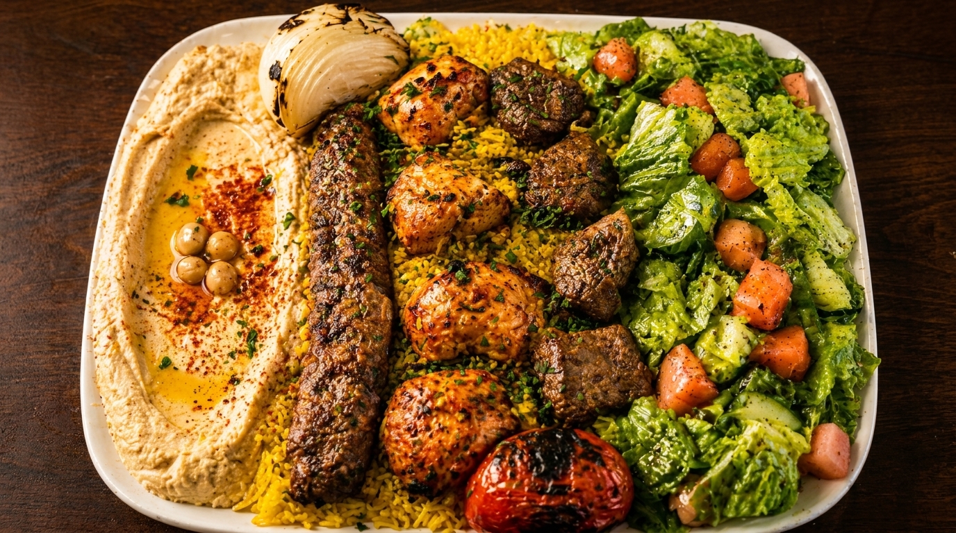 A large platter of grilled chicken, beef, and kofta kebabs with rice, hummus, and salad.