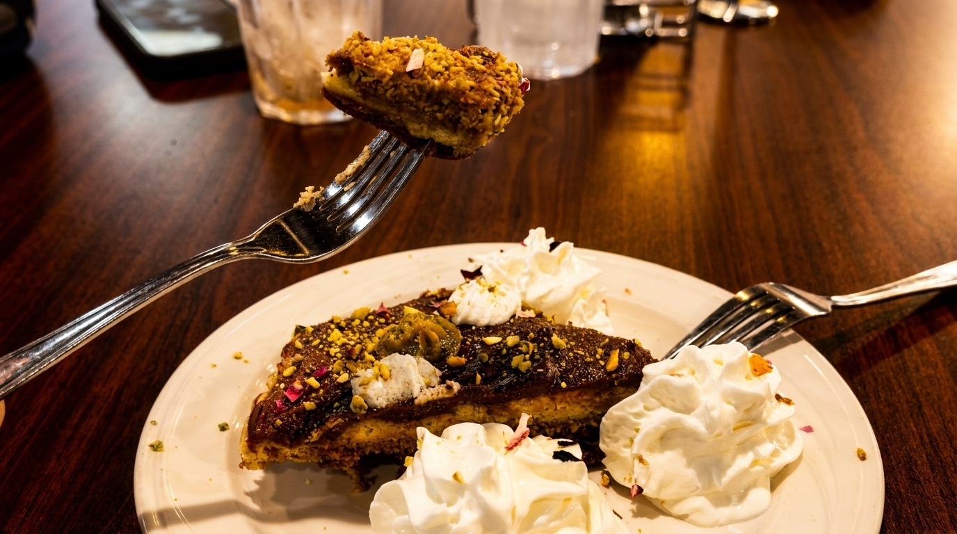 A fork lifts a bite of pistachio-crusted dessert from a plate with whipped cream on a wooden table.