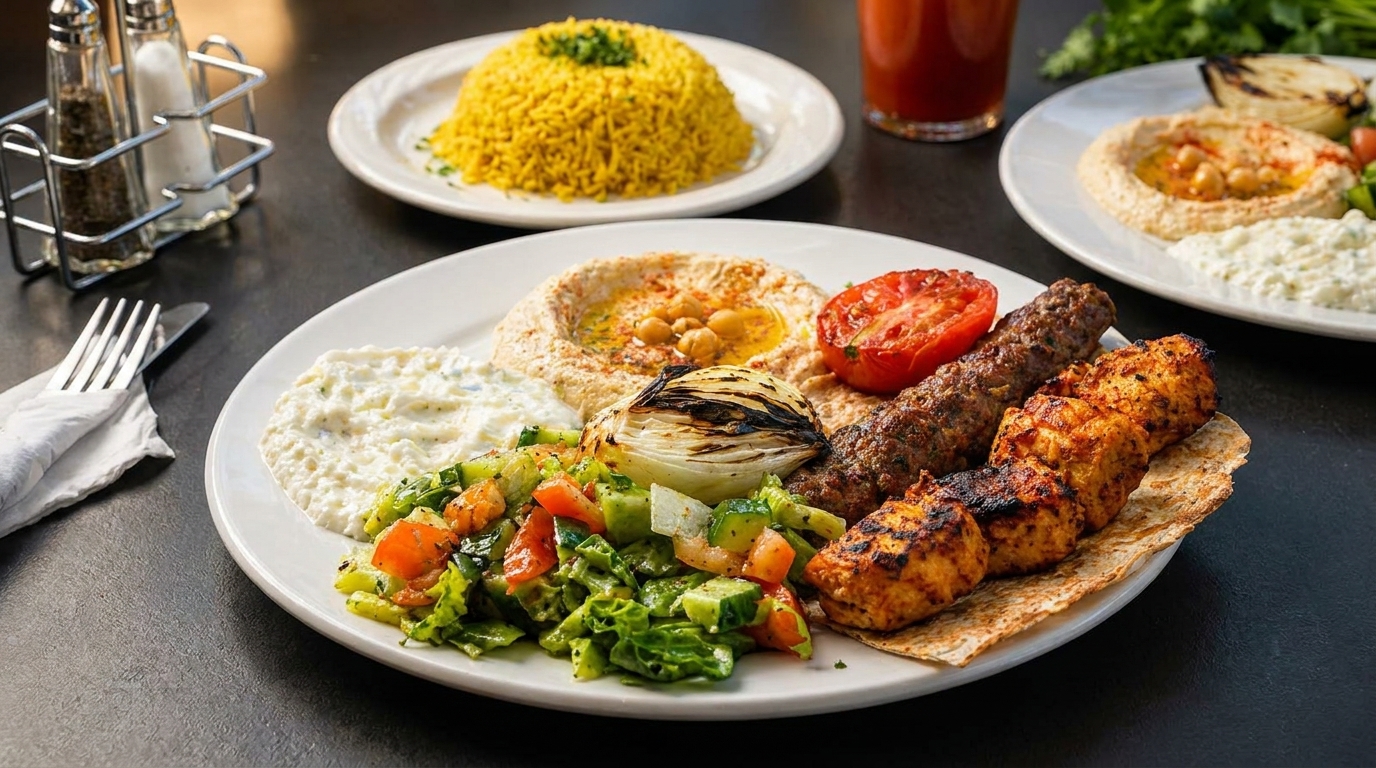 A large plate of grilled chicken and beef kebabs, hummus, salad, and grilled onion.