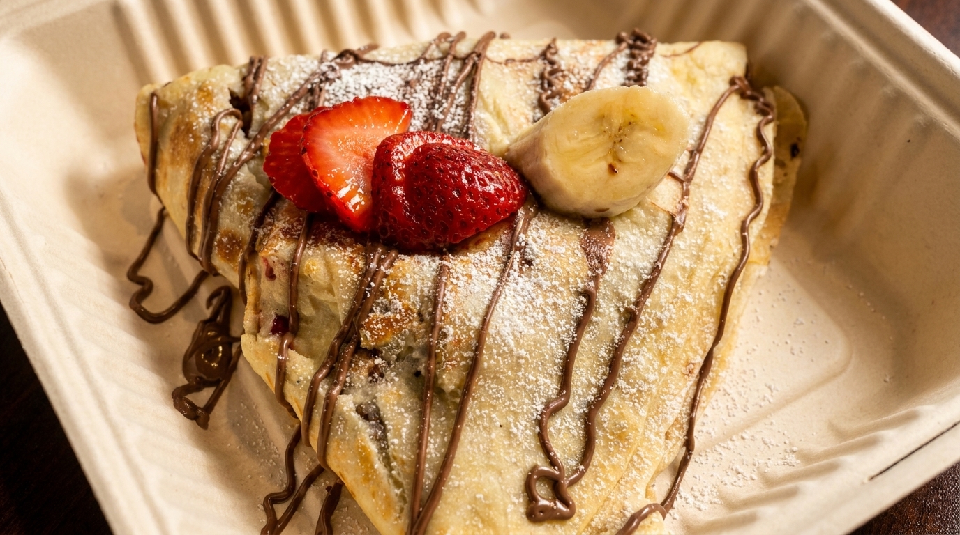 A folded crepe drizzled with chocolate, powdered sugar, strawberries, and banana slices in a container.