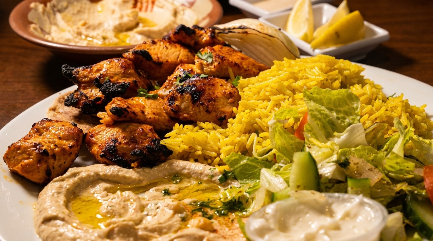 A plate of grilled chicken, yellow rice, hummus, salad, and lemon wedges.