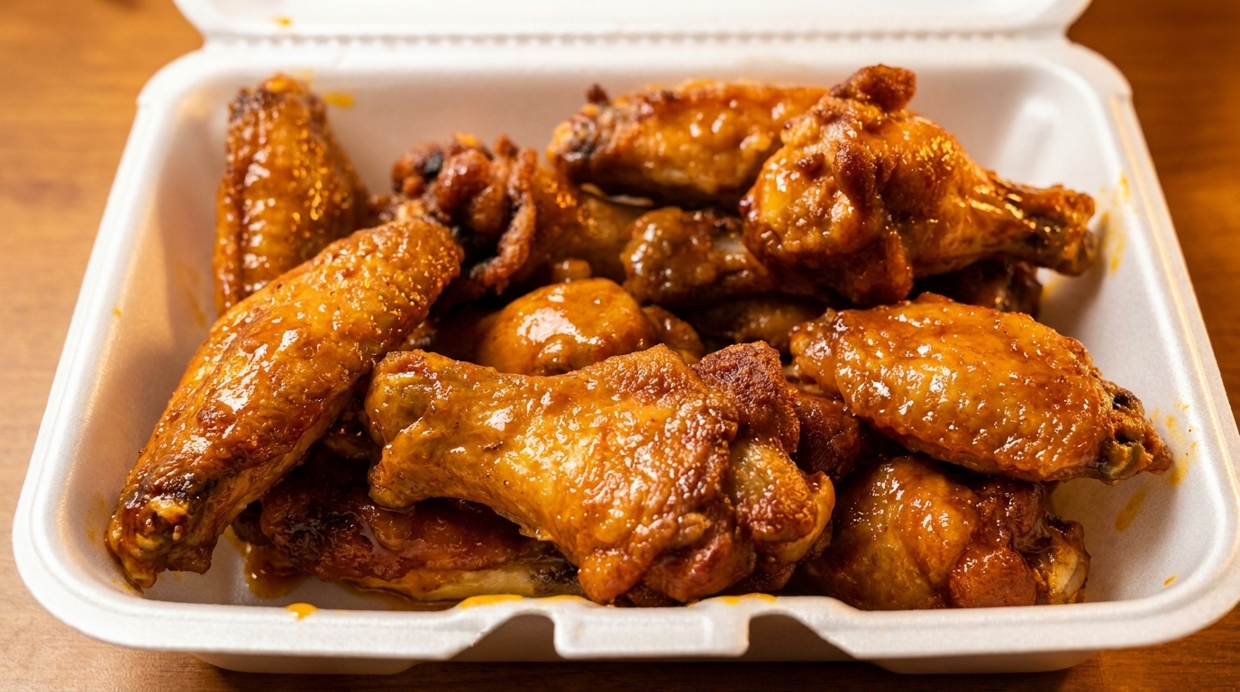 Close-up of a white takeout container filled with glistening, golden-brown chicken wings.