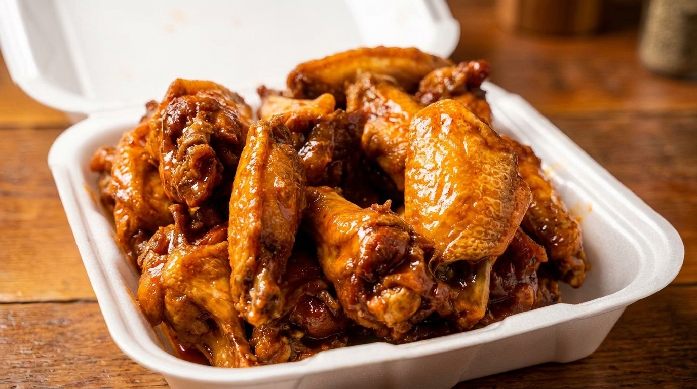 Close-up of a white takeout container overflowing with glistening, saucy chicken wings on a wooden table.