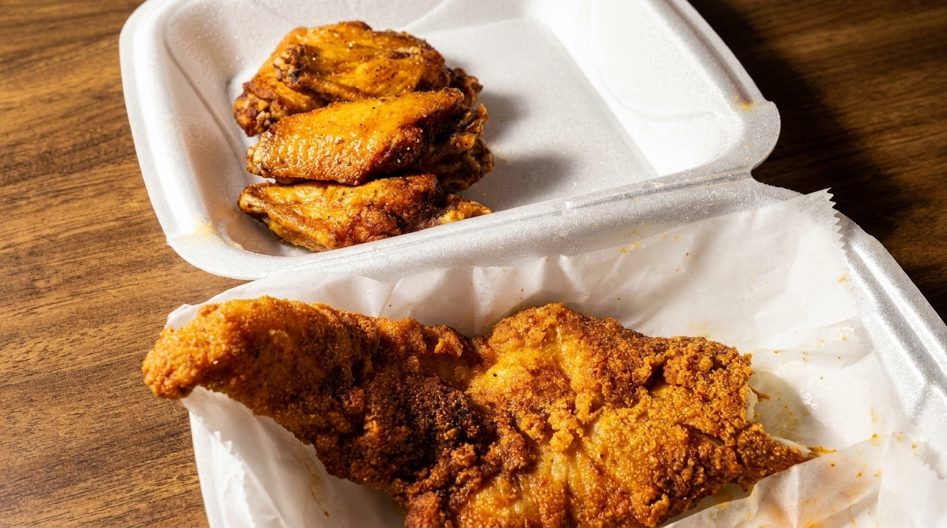 Crispy fried chicken wings and a large fried fish fillet in white takeout containers.
