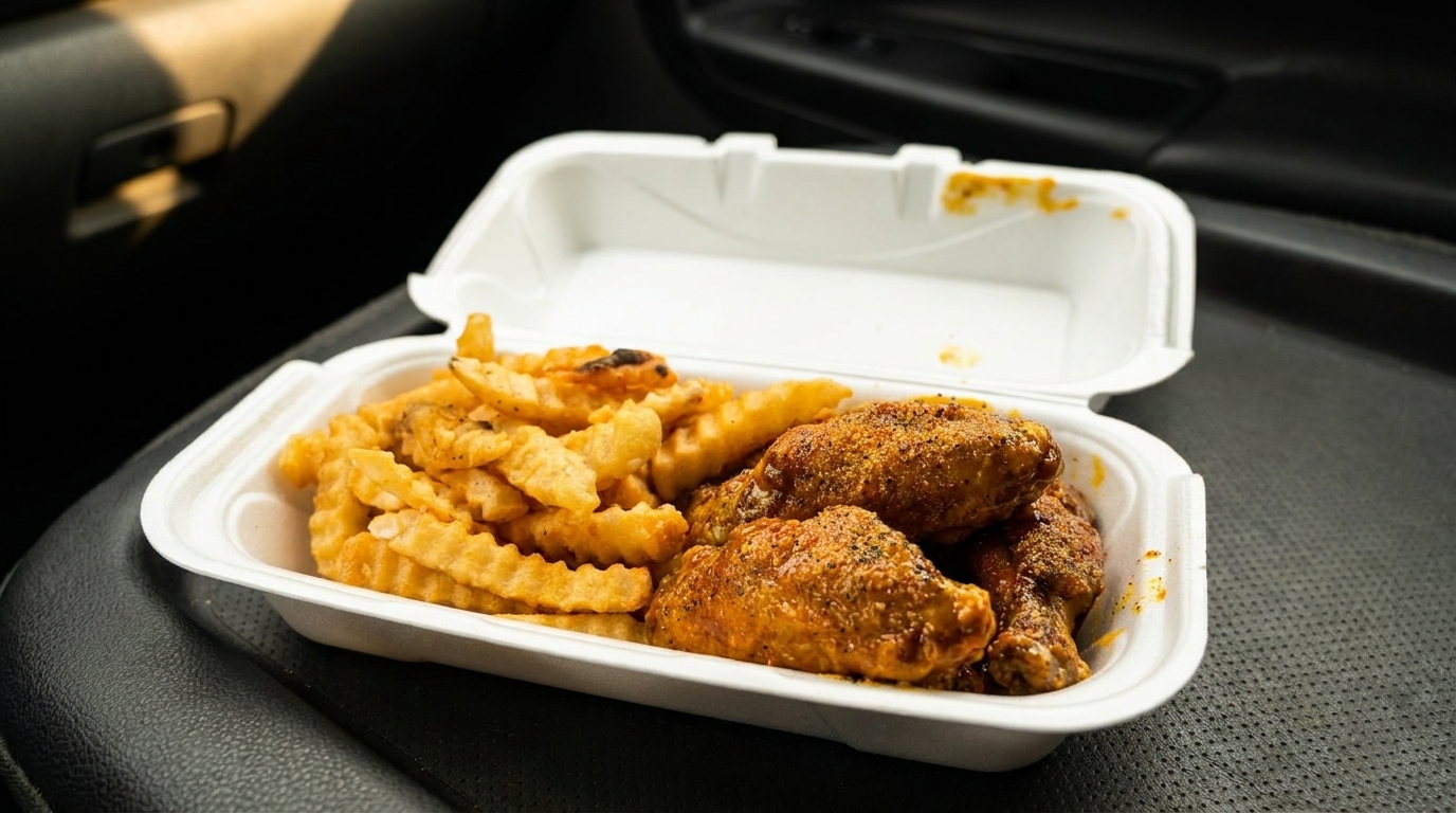 Takeout container with crispy chicken wings and crinkle-cut fries on a car seat.