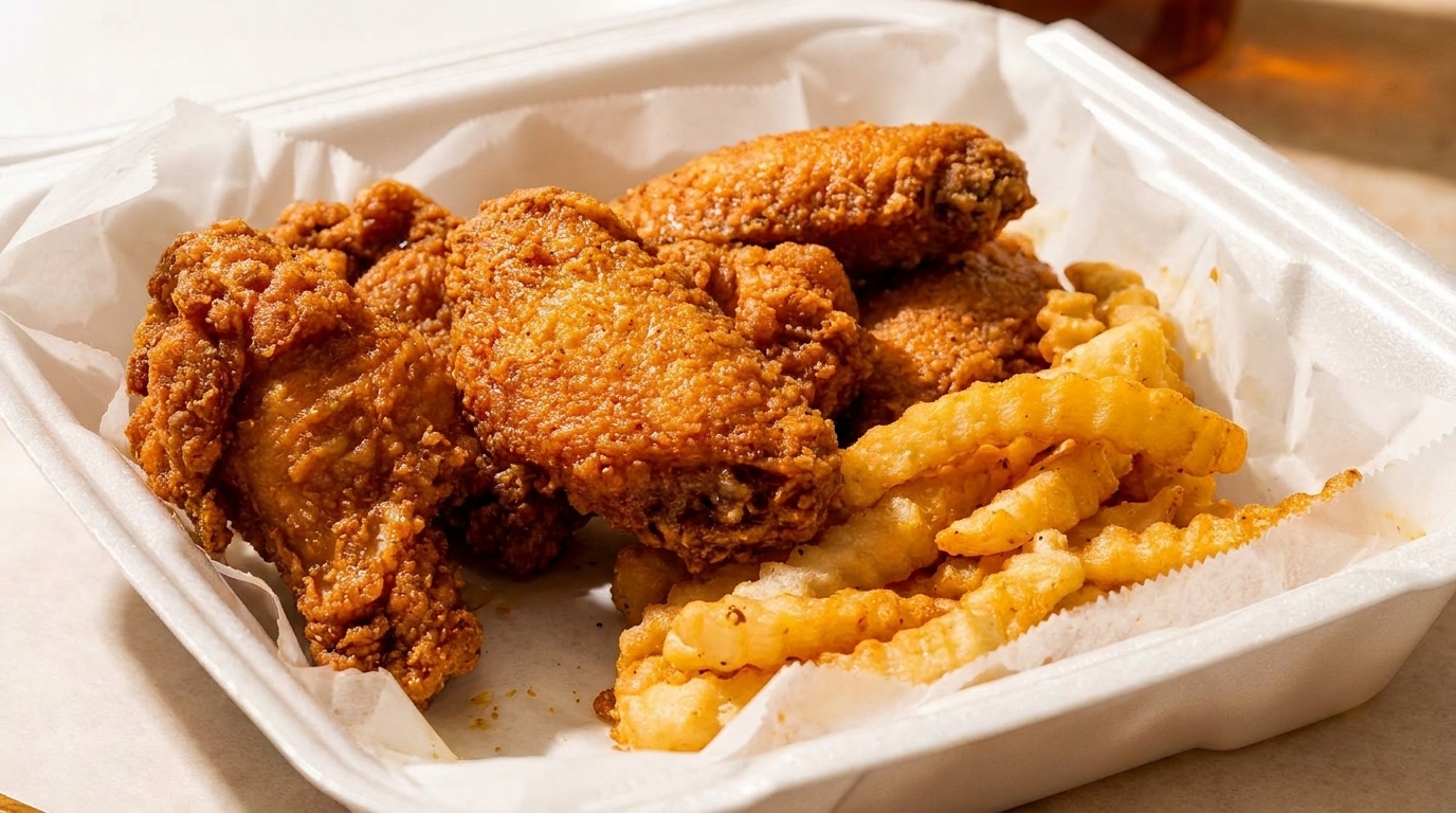 Crispy fried chicken pieces and crinkle-cut fries served in a white takeout container.