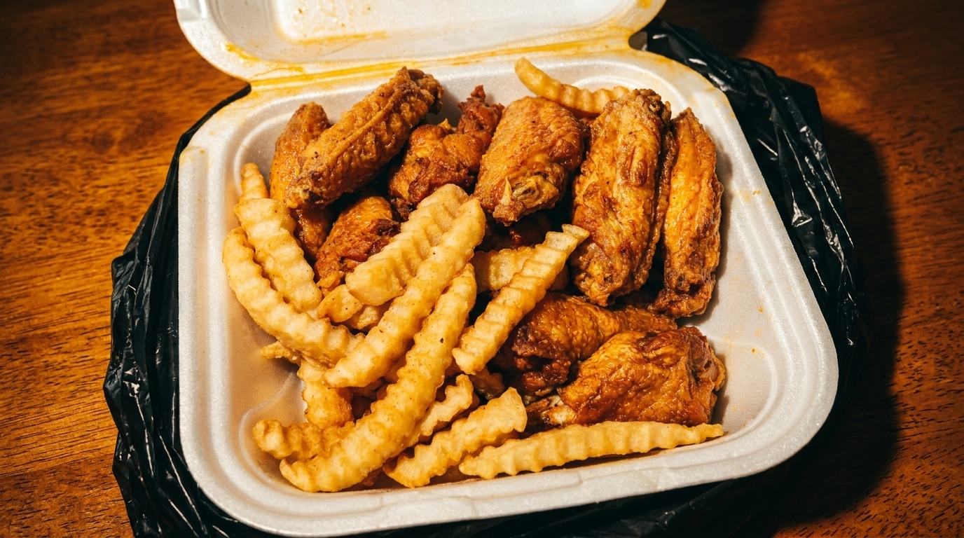Fried chicken wings and crinkle-cut fries in a white styrofoam takeout container on a wooden table.
