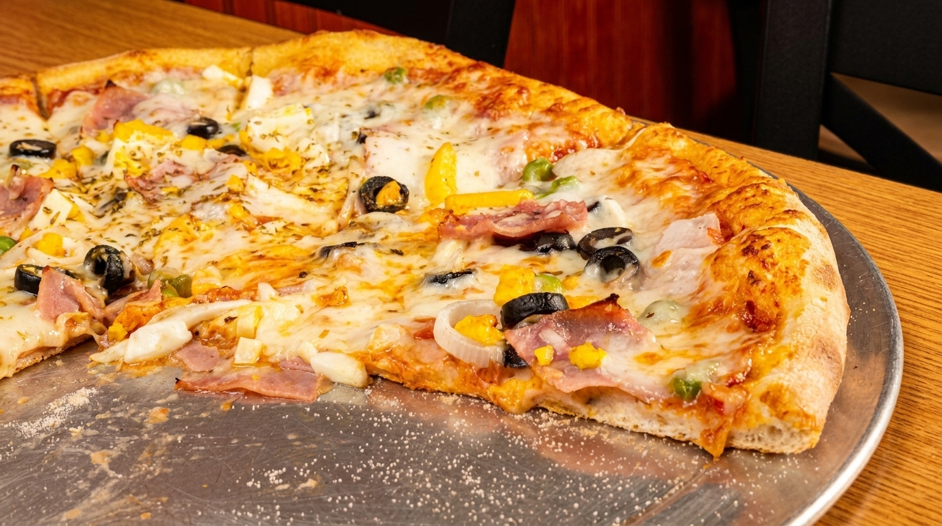 Half-eaten pizza with ham, olives, onions, and peppers on a metal tray.