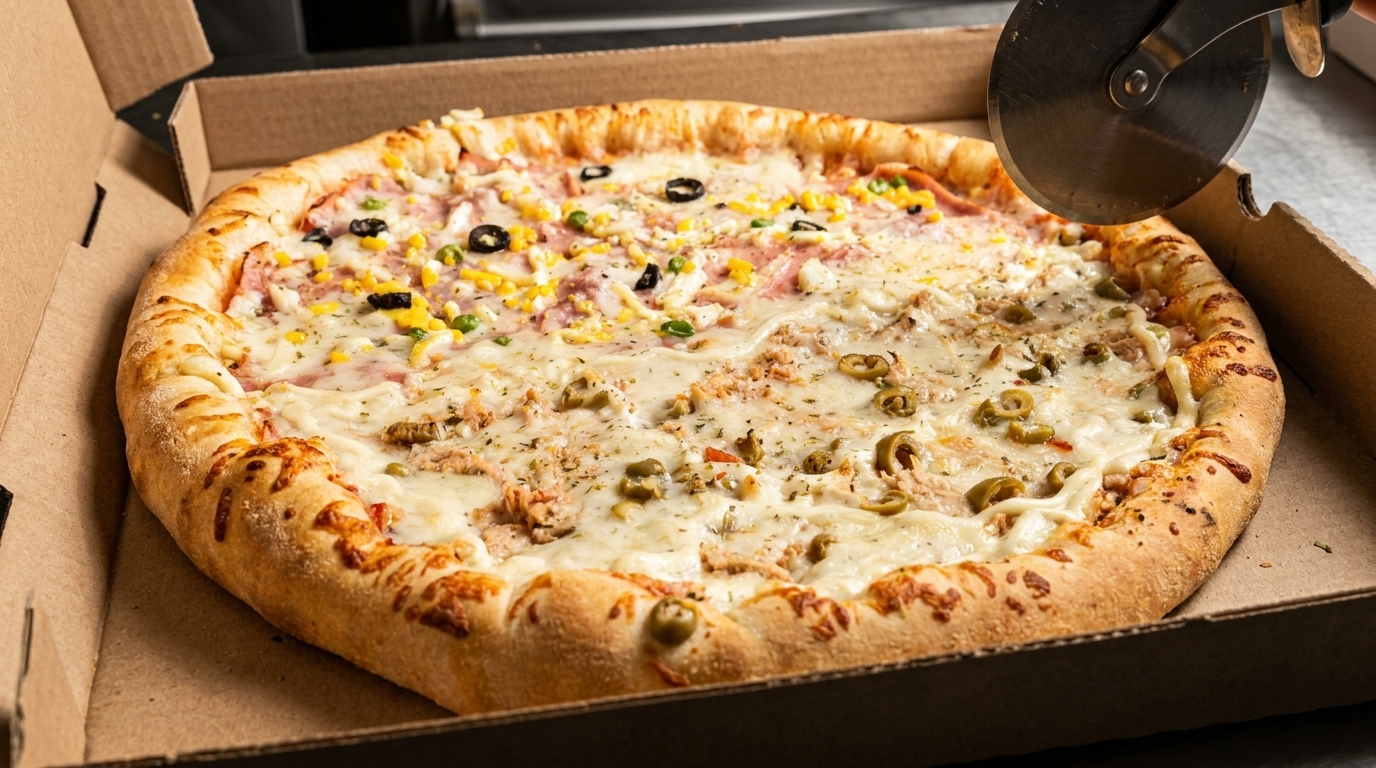A pizza with two different toppings, one with corn and olives, the other with tuna and olives, in a box.