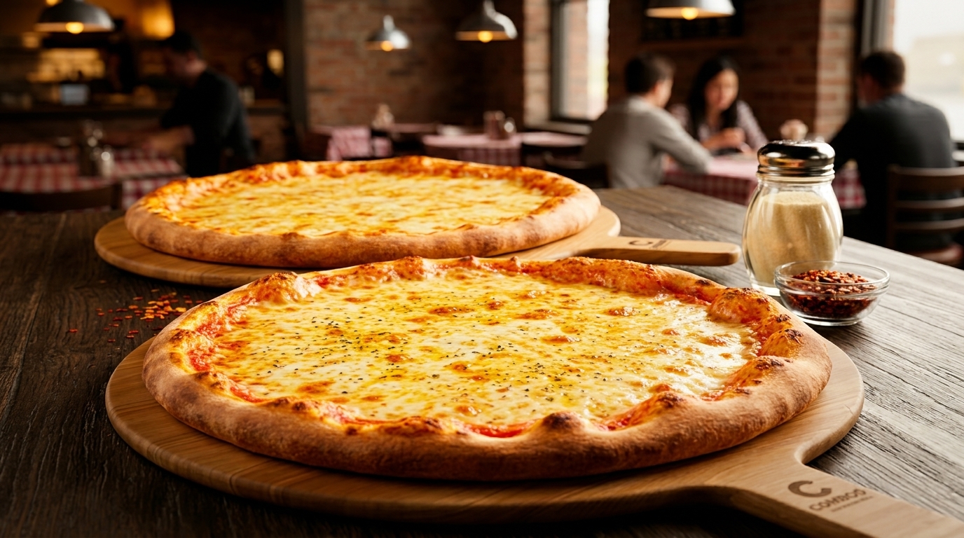 Two cheese pizzas on wooden peels with parmesan and red pepper flakes in a restaurant.