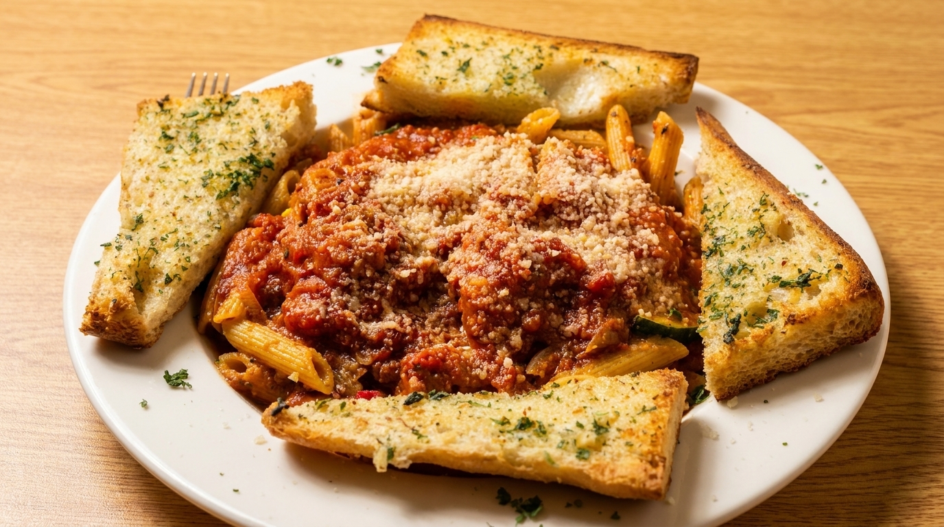 Penne pasta with red sauce, parmesan cheese, and garlic bread on a white plate.