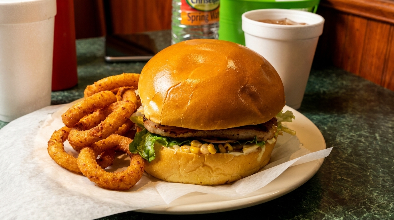 A burger with corn and lettuce, served with a side of onion rings on a white plate.