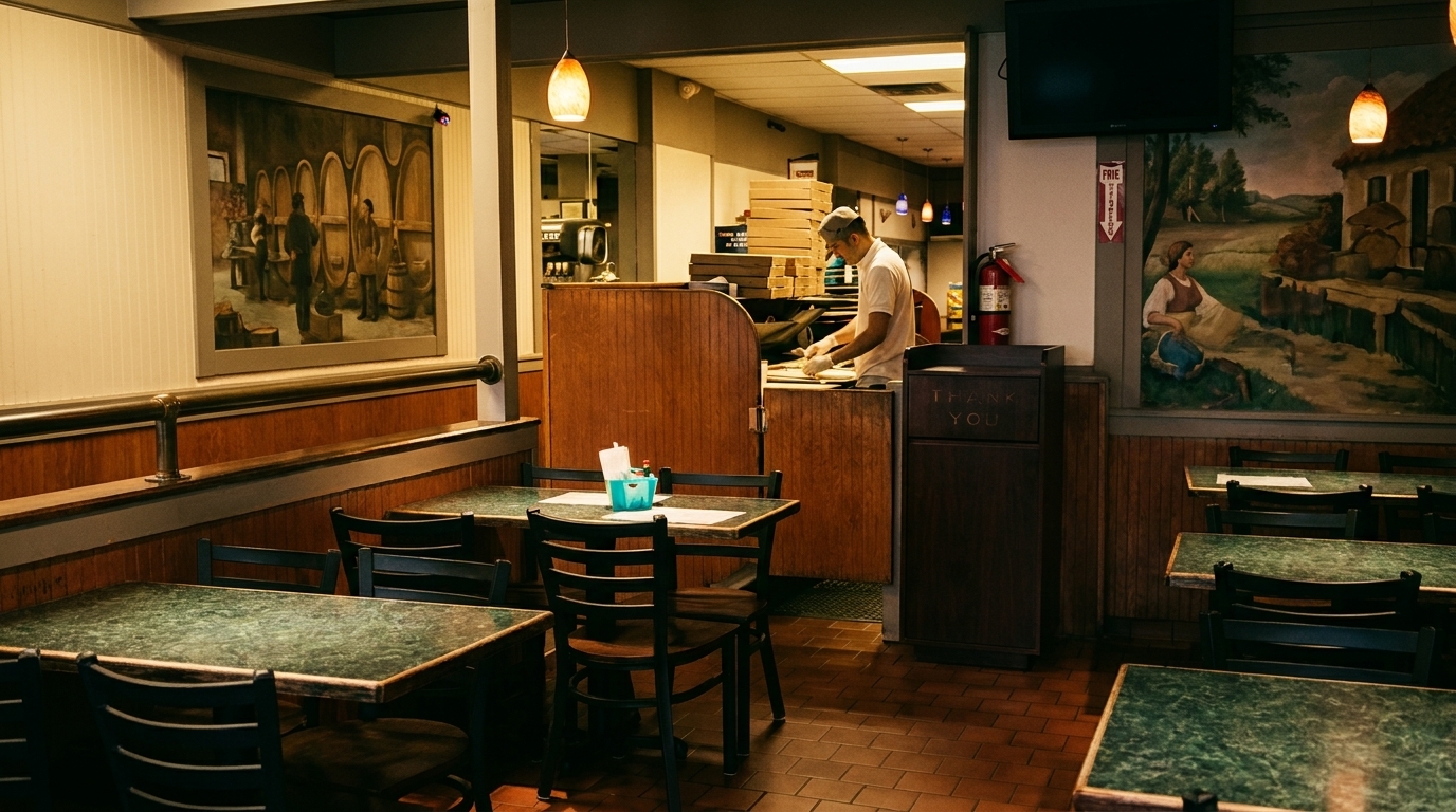 Restaurant dining room with green marble tables, wooden chairs, and a chef preparing food in the background.