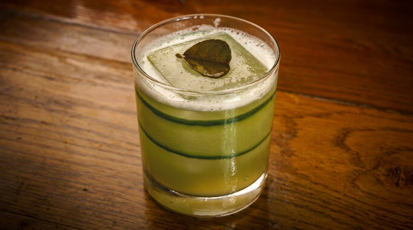 Green cocktail with cucumber slices, a large ice cube, and a leaf garnish on a wooden table.
