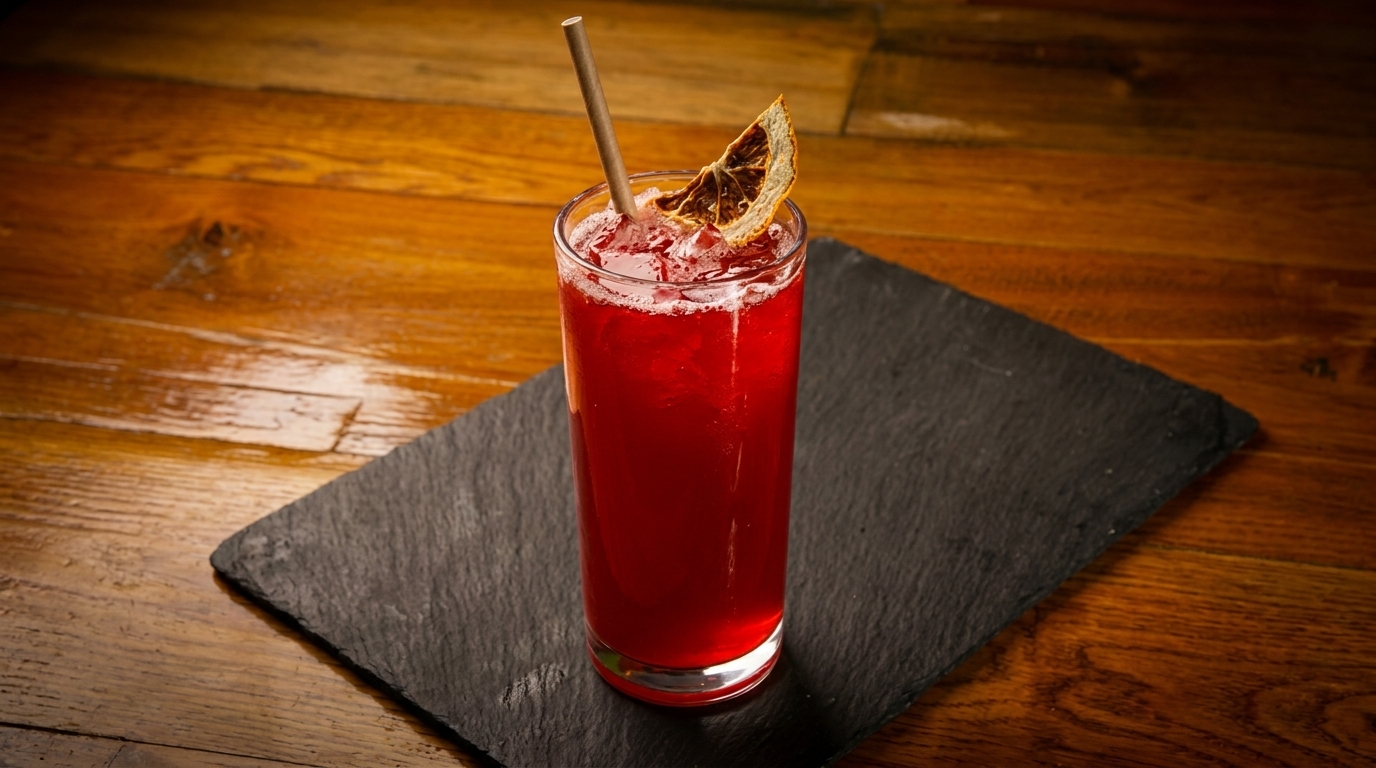 Red cocktail with ice, a paper straw, and a dried orange slice on a black slate coaster.