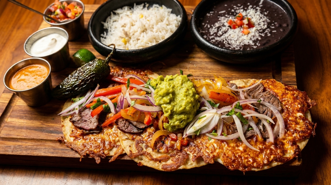 Cheesy steak tacos with guacamole, grilled vegetables, rice, black beans, and various sauces on a wooden board.