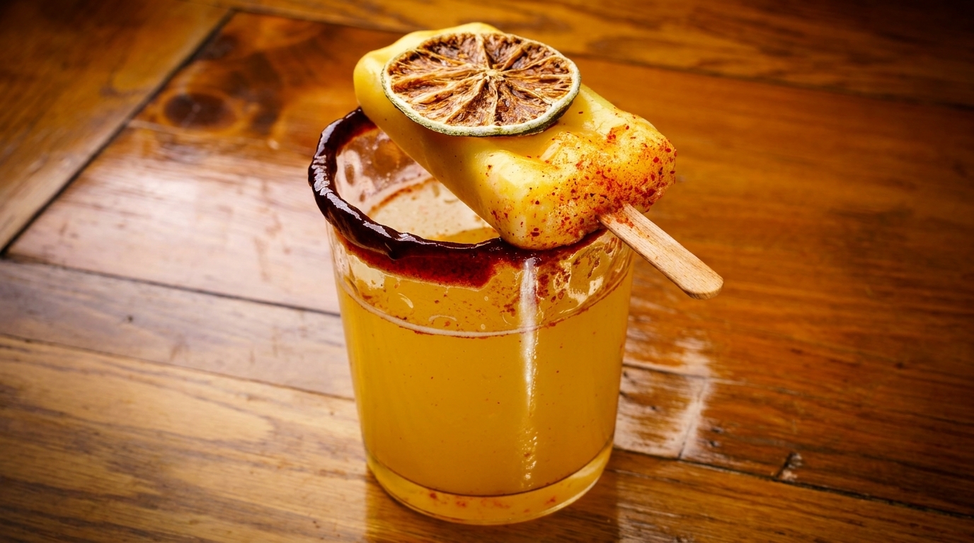 A yellow drink with a chili-dusted popsicle and dried lime slice on a wooden table.