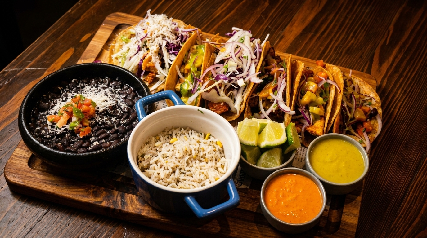A wooden board holds six tacos, black beans, rice, lime wedges, and two dipping sauces.