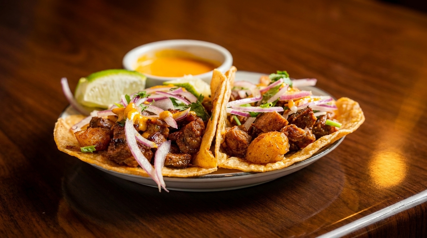 Two street tacos with meat, potatoes, red onion, cilantro, and sauce, with a lime wedge.