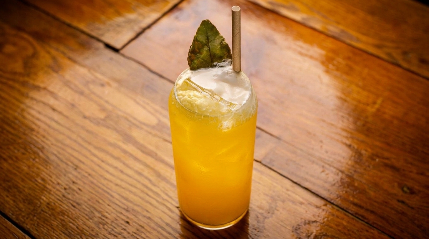 A tall glass of yellow cocktail with a leaf garnish and a straw on a wooden table.