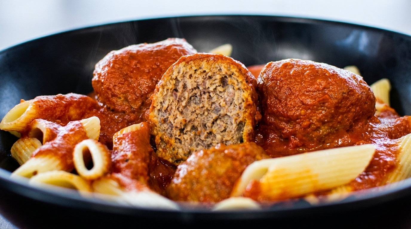 Steaming penne pasta and meatballs covered in rich red marinara sauce in a black bowl.