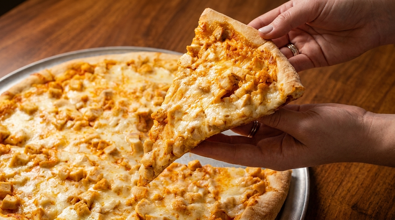 Hands lifting a slice of buffalo chicken pizza from a whole pizza on a metal pan.