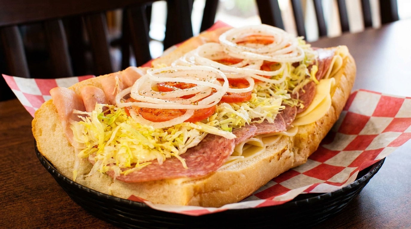 A large deli sub sandwich with various meats, cheese, shredded lettuce, tomatoes, and onions.