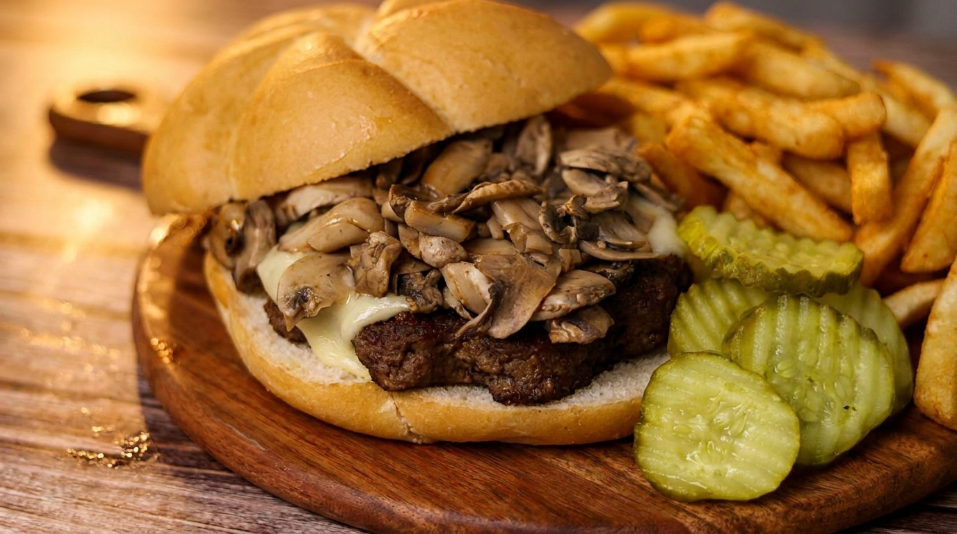 Mushroom Swiss burger with a side of golden fries and crinkle-cut pickles on a wooden board.