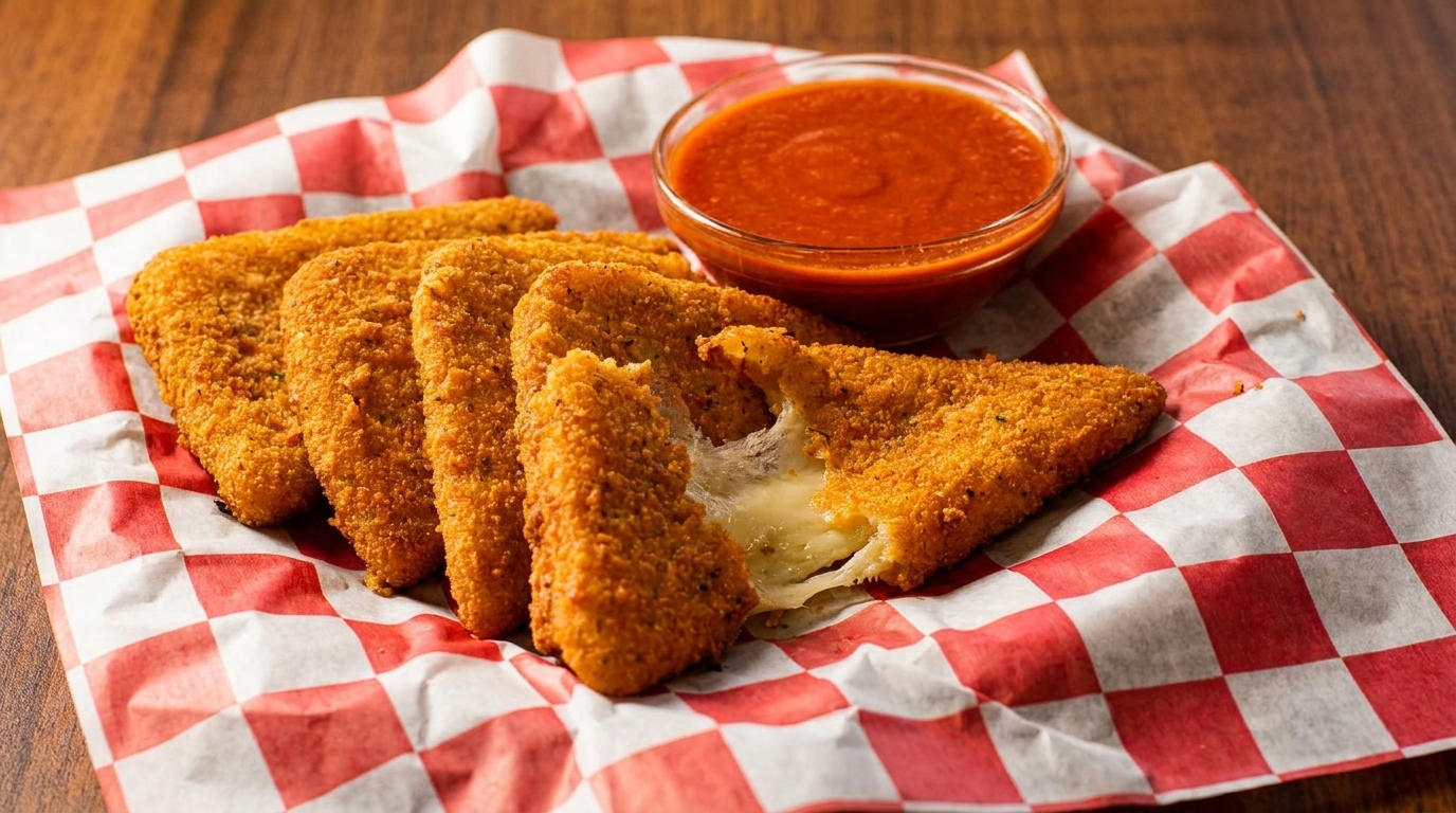Golden-brown mozzarella sticks with melted cheese, served on checkered paper with a side of marinara sauce.