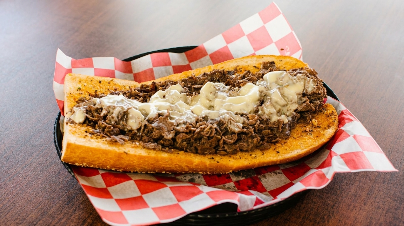 Cheesesteak sandwich with melted cheese and steak on a toasted bun, served in a basket with checkered paper.
