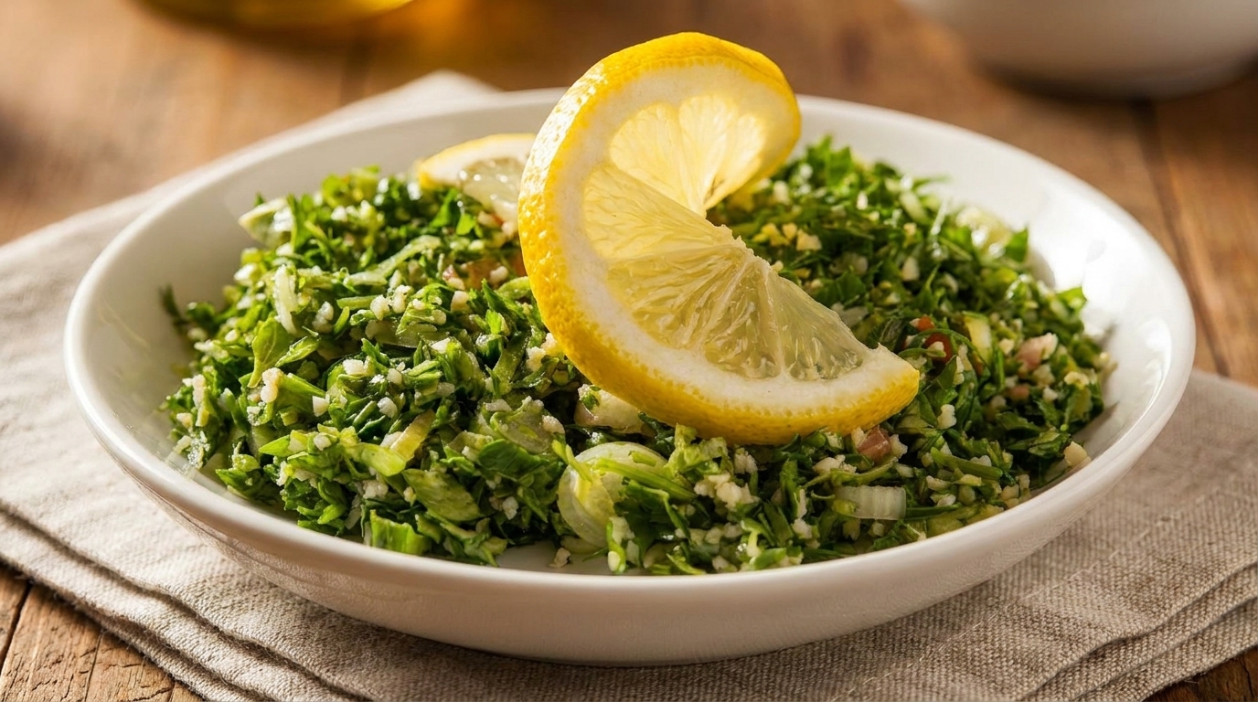 Fresh green tabbouleh salad with two lemon slices in a white bowl on a wooden table.