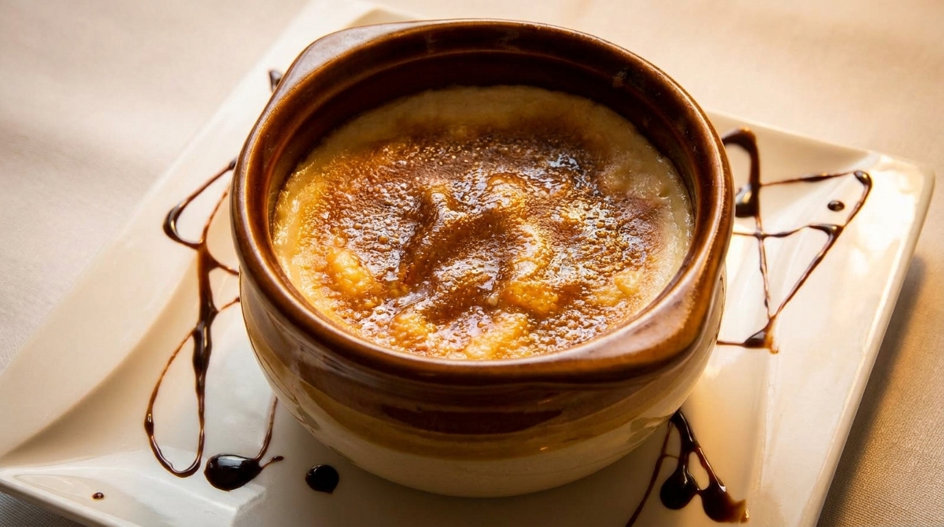 Crème brûlée in a brown ramekin, drizzled with chocolate sauce on a white square plate.
