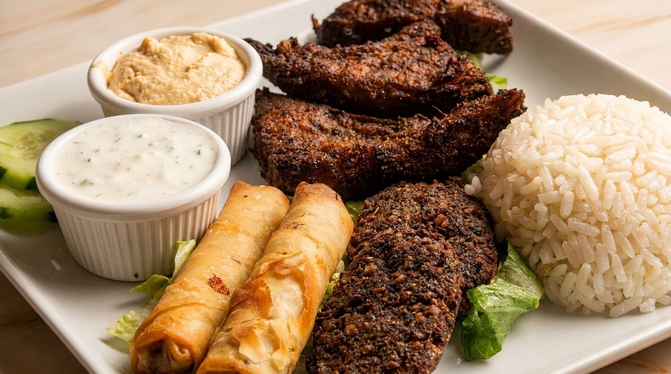A platter with fried chicken, rice, falafel, spring rolls, hummus, and tzatziki sauce.