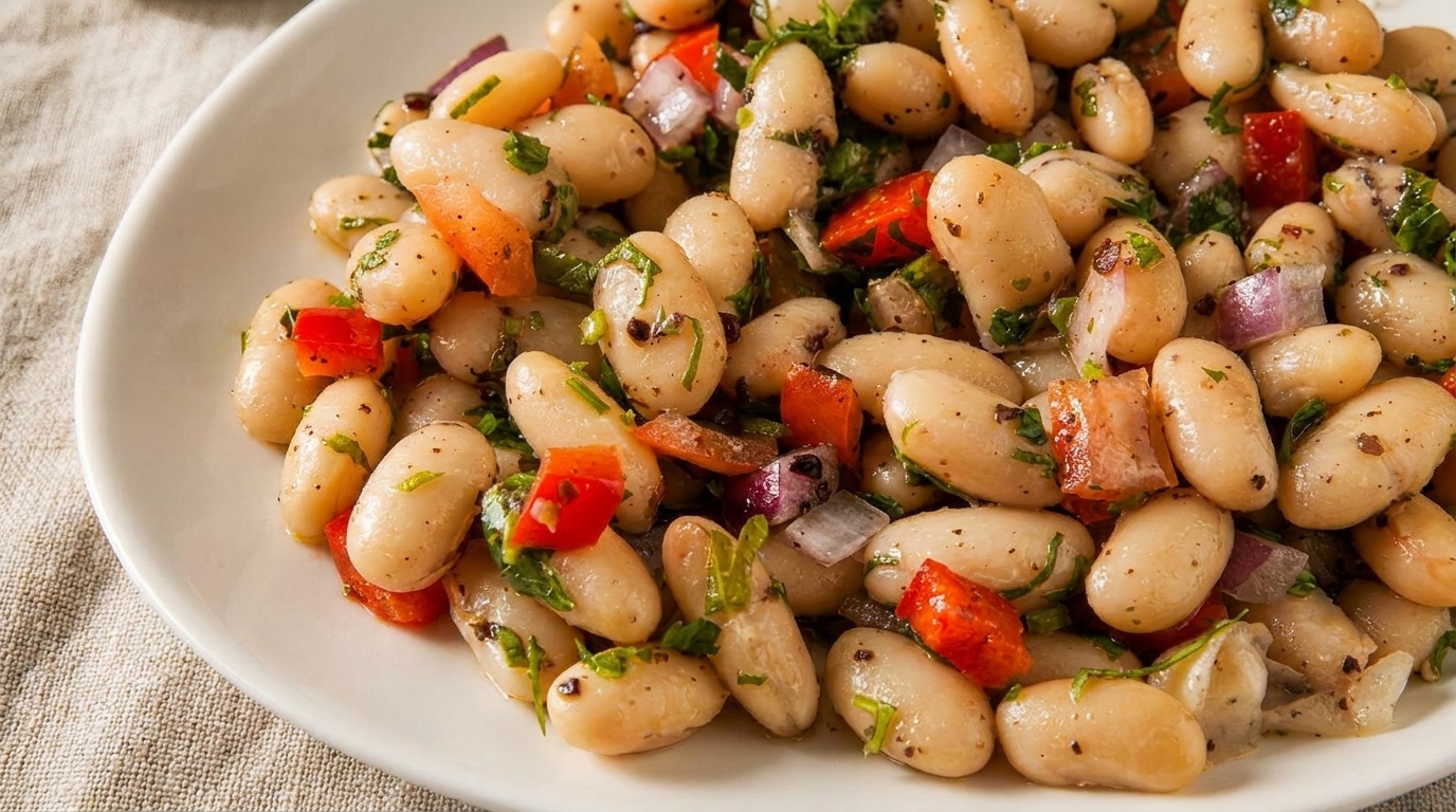 Close-up of a white bean salad with red onion, bell pepper, and herbs on a white plate.