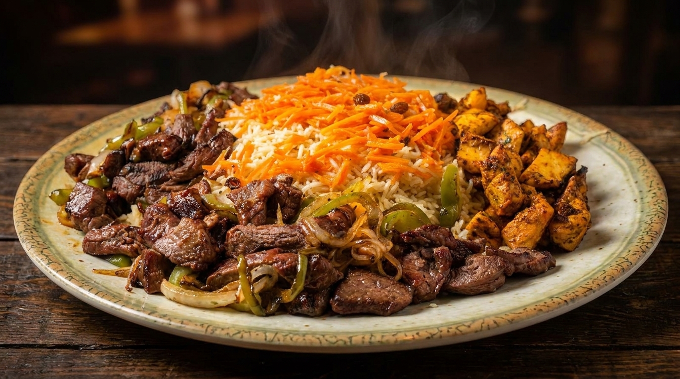 Steaming plate of rice topped with shredded carrots, beef, and chicken on a rustic wooden table.