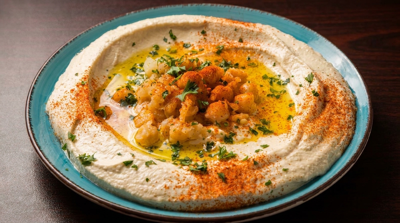 Creamy hummus topped with chickpeas, olive oil, paprika, and fresh parsley on a blue plate.