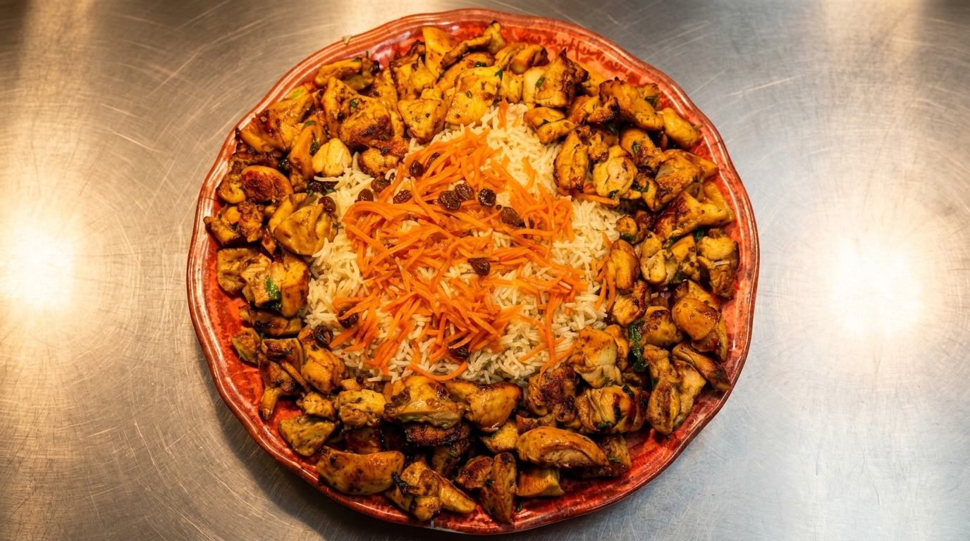 A large platter of chicken and rice, garnished with shredded carrots and raisins.