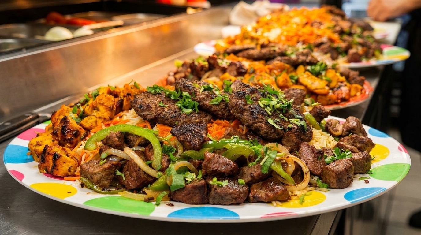 Plates of grilled chicken, beef, and kofta kebabs with rice, vegetables, and cilantro.